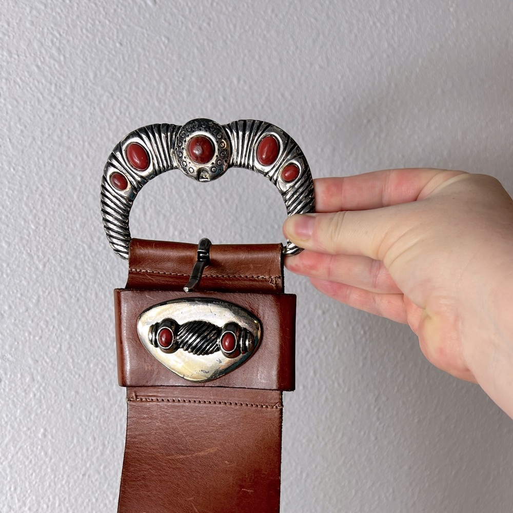 Vintage Doppia Vita Italian wide leather belt with faux jeweled buckle S/M